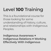 Level 100 Training This is a foundational course for those looking for some understanding of history, culture, and relationships with Indigenous Peoples. Indigenous Awareness + Indigenous Relations = Working Effectively With Indigenous® Peoples®
