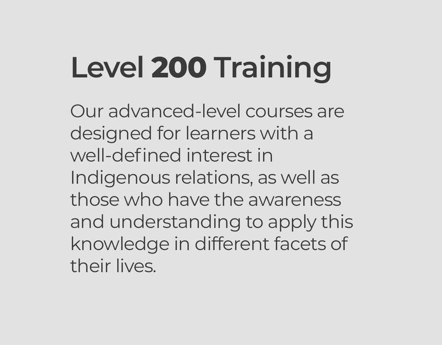 Our advanced level courses are designed for learners with a well-defined interest in Indigenous relations, as well as those who have the awareness and understanding to apply this knowledge in different facets of their lives.