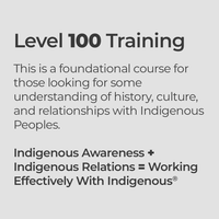 Level 100 Training  This is a foundational course for those looking for some understanding of history, culture, and relationships with Indigenous Peoples.  Indigenous Awareness + Indigenous Relations = Working Effectively With Indigenous® Peoples®